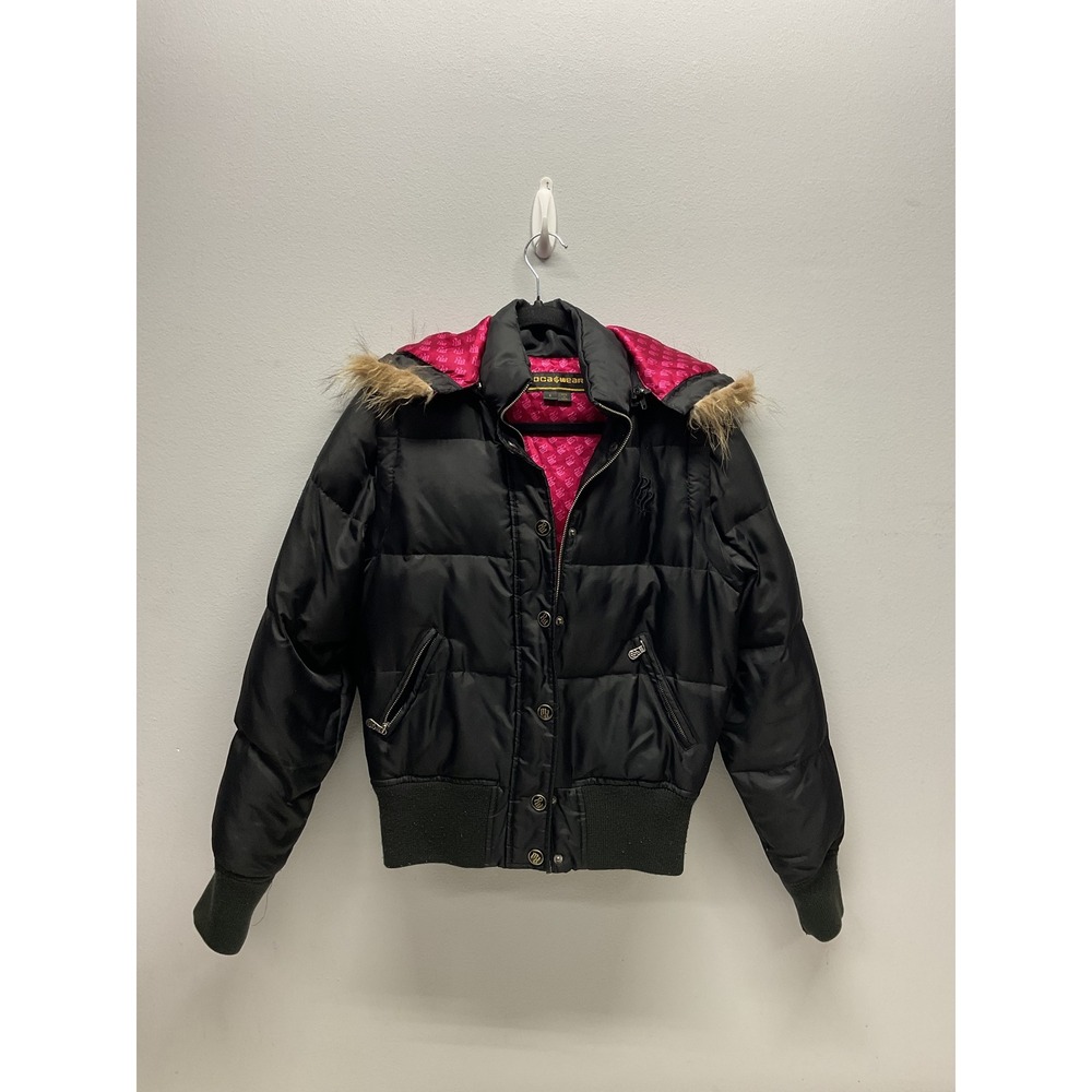 Rocawear Womens Black Puffer Jacket Faux Fur Hood Pink Lining Y2K Bomber L